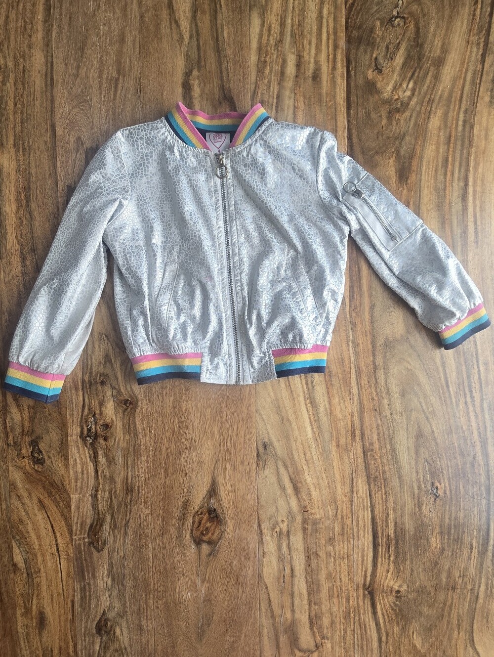 Girls Garanimals 366 Kids Silver Metallic Bomber Jacket w/ Rainbow Trim Size: 4